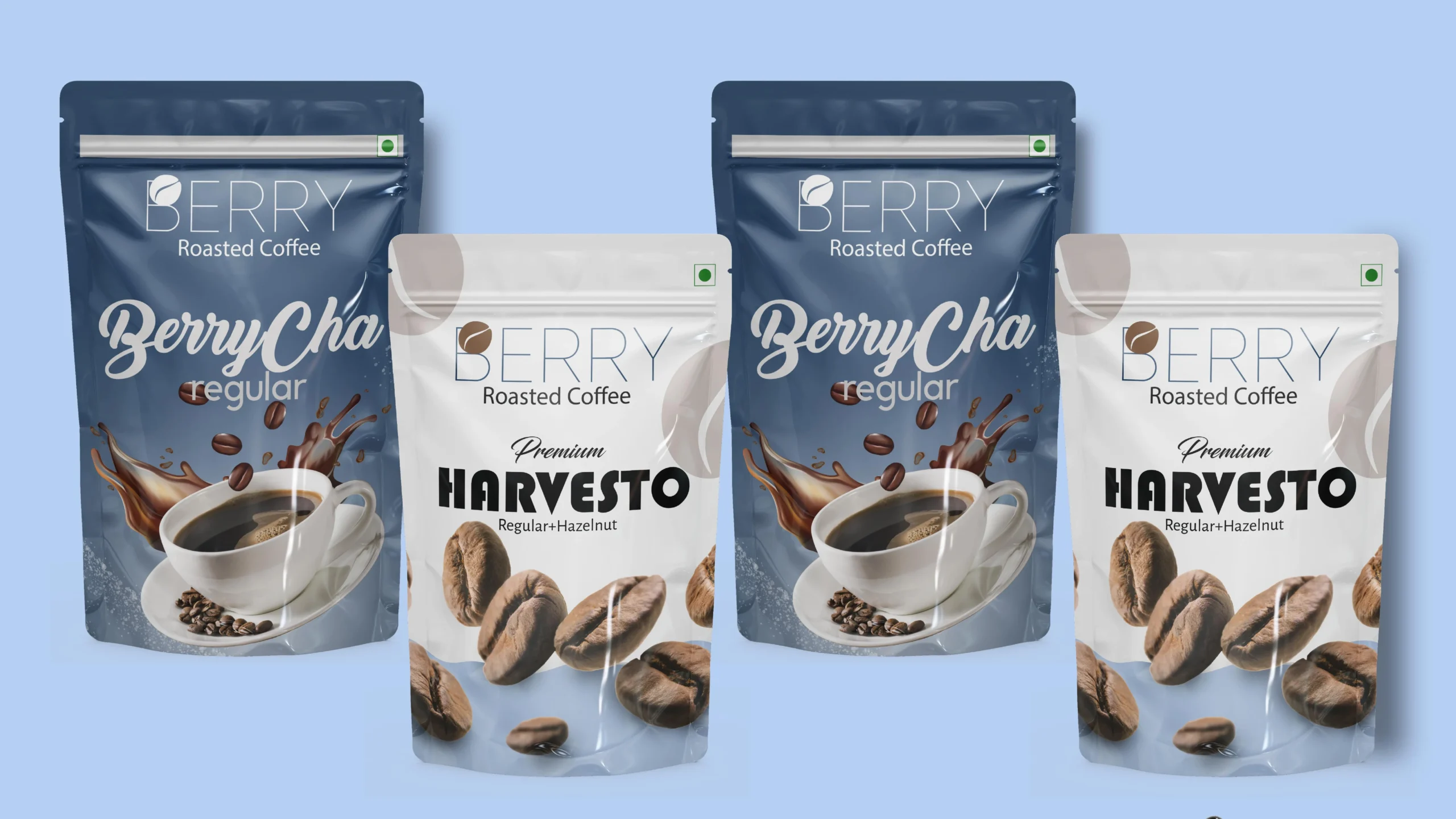 Sustainable packaging of Berry coffee products featuring the brand's distinctive logo.