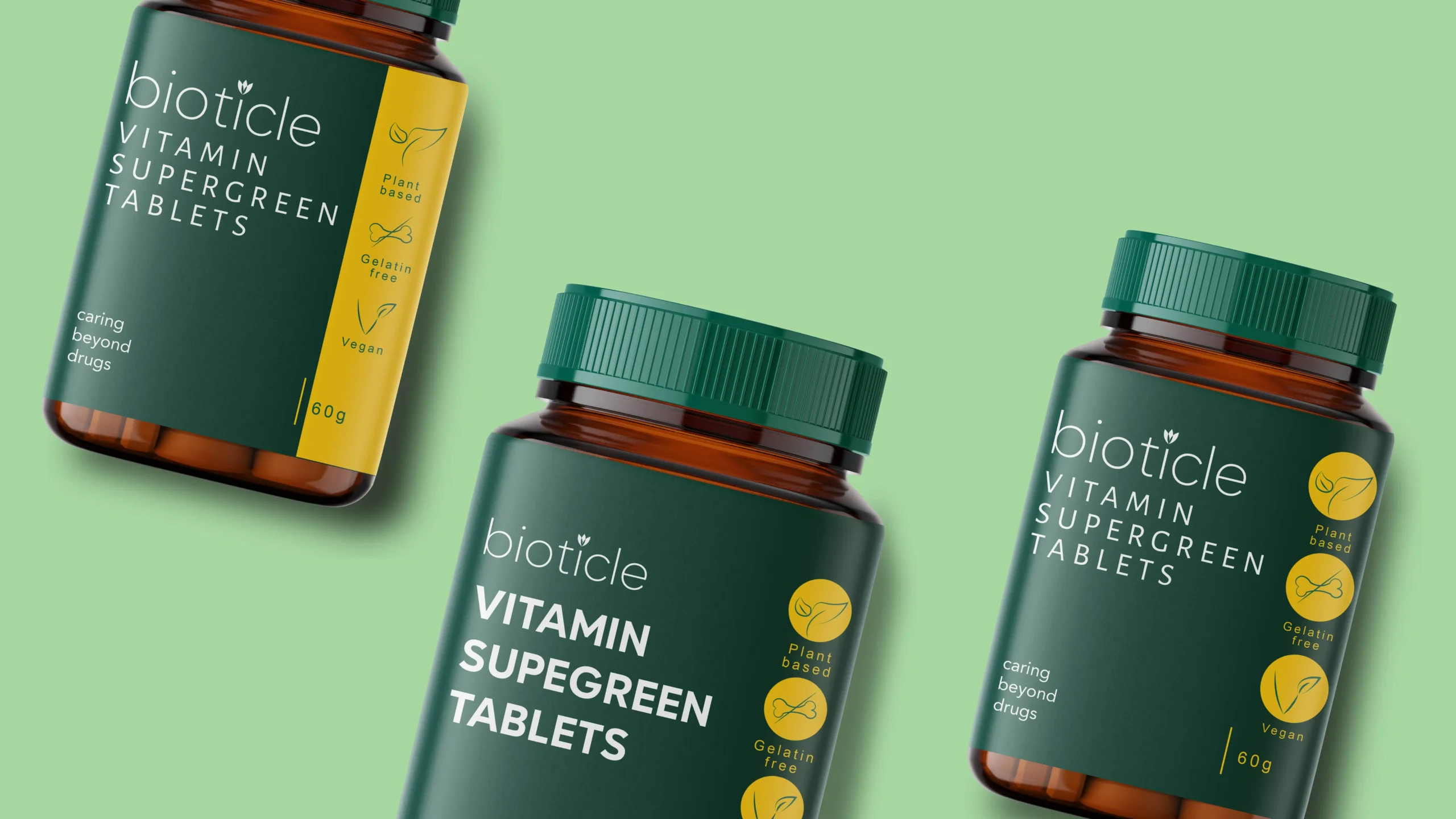 3D mockup of Bioticle's sustainable packaging for vitamin tablets.