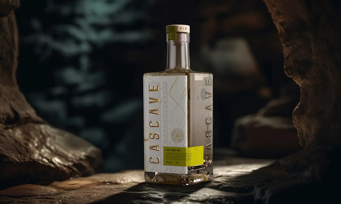 A bottle of Cascave Gin with intricate deboss detailing that resembles the rocky surfaces of Welsh caves, fluted and pressed foils glinting like mineral deposits, set against a palette inspired by the natural colors of the Brecon Beacons.