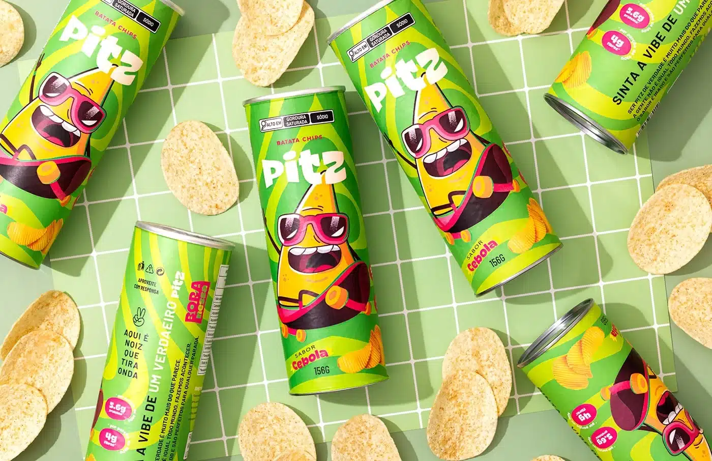 Vibrant Pitz snack packaging featuring a lively green and light color theme with engaging illustrations, capturing the essence of Brazilian energy and flavor.