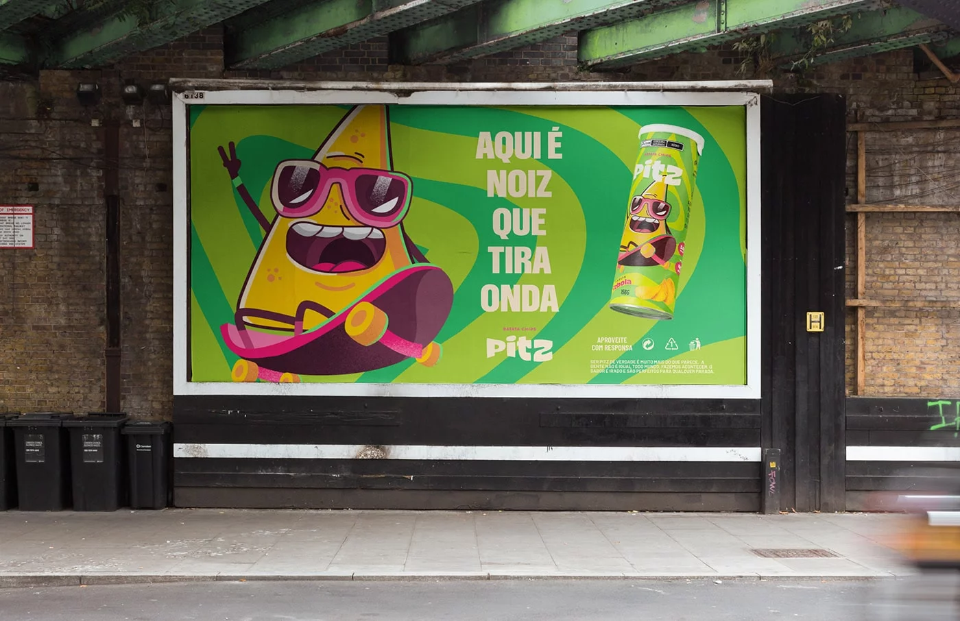 Vibrant Pitz snack packaging featuring a lively green and light color theme with engaging illustrations, capturing the essence of Brazilian energy and flavor.