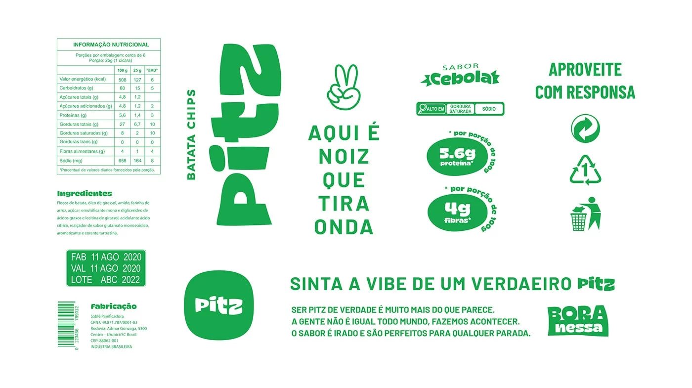 Vibrant Pitz snack packaging featuring a lively green and light color theme with engaging illustrations, capturing the essence of Brazilian energy and flavor.