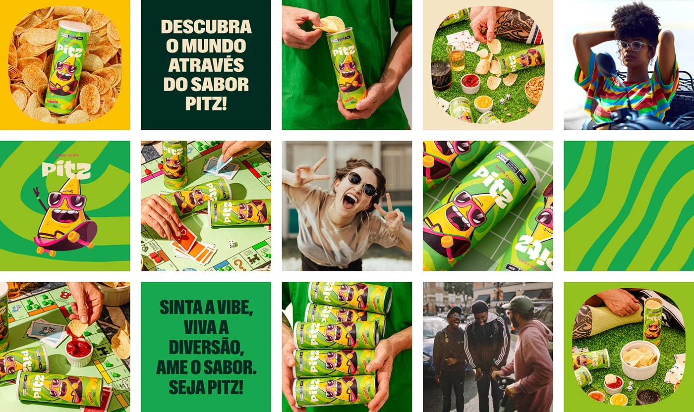 Vibrant Pitz snack packaging featuring a lively green and light color theme with engaging illustrations, capturing the essence of Brazilian energy and flavor.