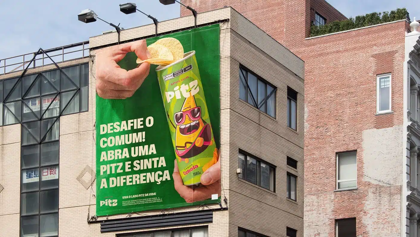 Vibrant Pitz snack packaging featuring a lively green and light color theme with engaging illustrations, capturing the essence of Brazilian energy and flavor.