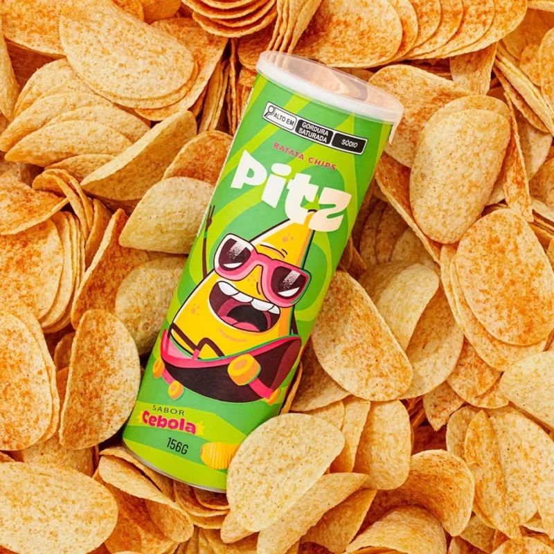 Vibrant Pitz snack packaging featuring a lively green and light color theme with engaging illustrations, capturing the essence of Brazilian energy and flavor.