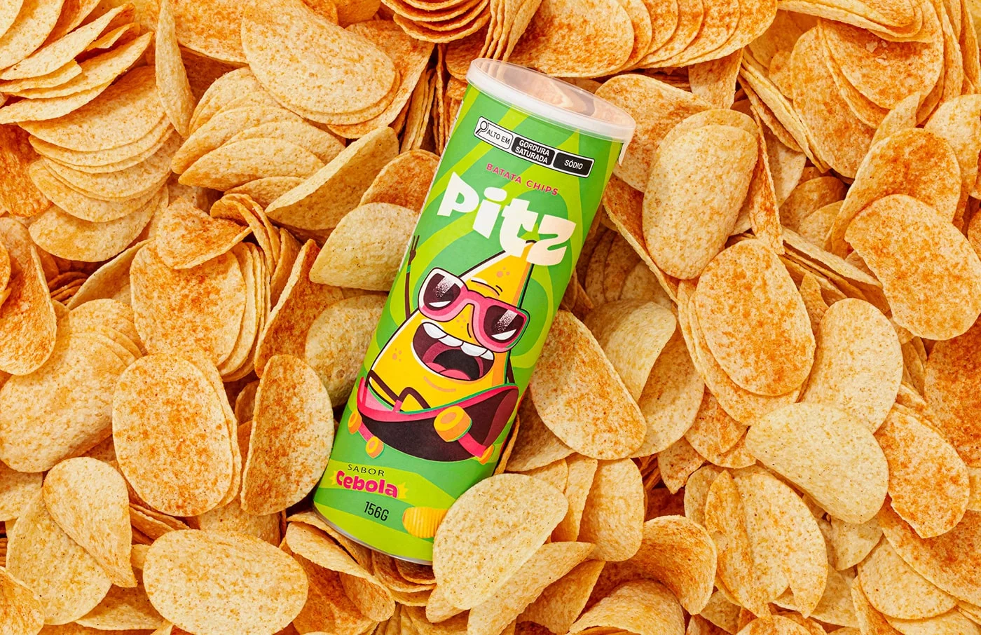 Vibrant Pitz snack packaging featuring a lively green and light color theme with engaging illustrations, capturing the essence of Brazilian energy and flavor.