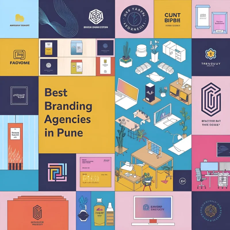 An-illustration-of-a-vibrant-collage-of- Branding with text "Best Branding Agencies in Pune."