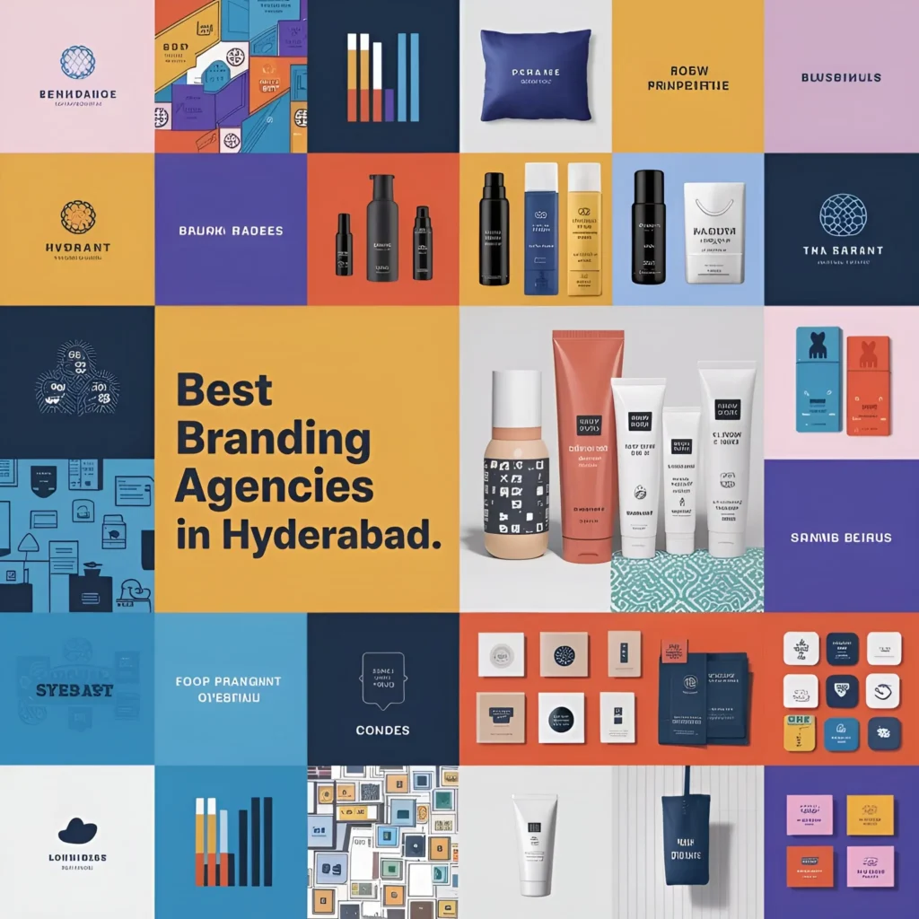 In-a-vibrant-illustrative-style-a collage with text best branding agencies in Hyderabad