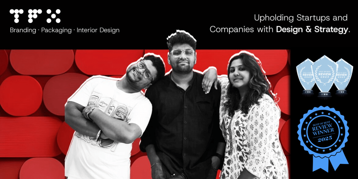 Professional team photo of The Factor X (TFX), a branding, packaging, and interior design agency based in Indore. The image features the three core team members against a bold, red geometric background. Text highlights their mission: 'Upholding Startups and Companies with Design & Strategy.