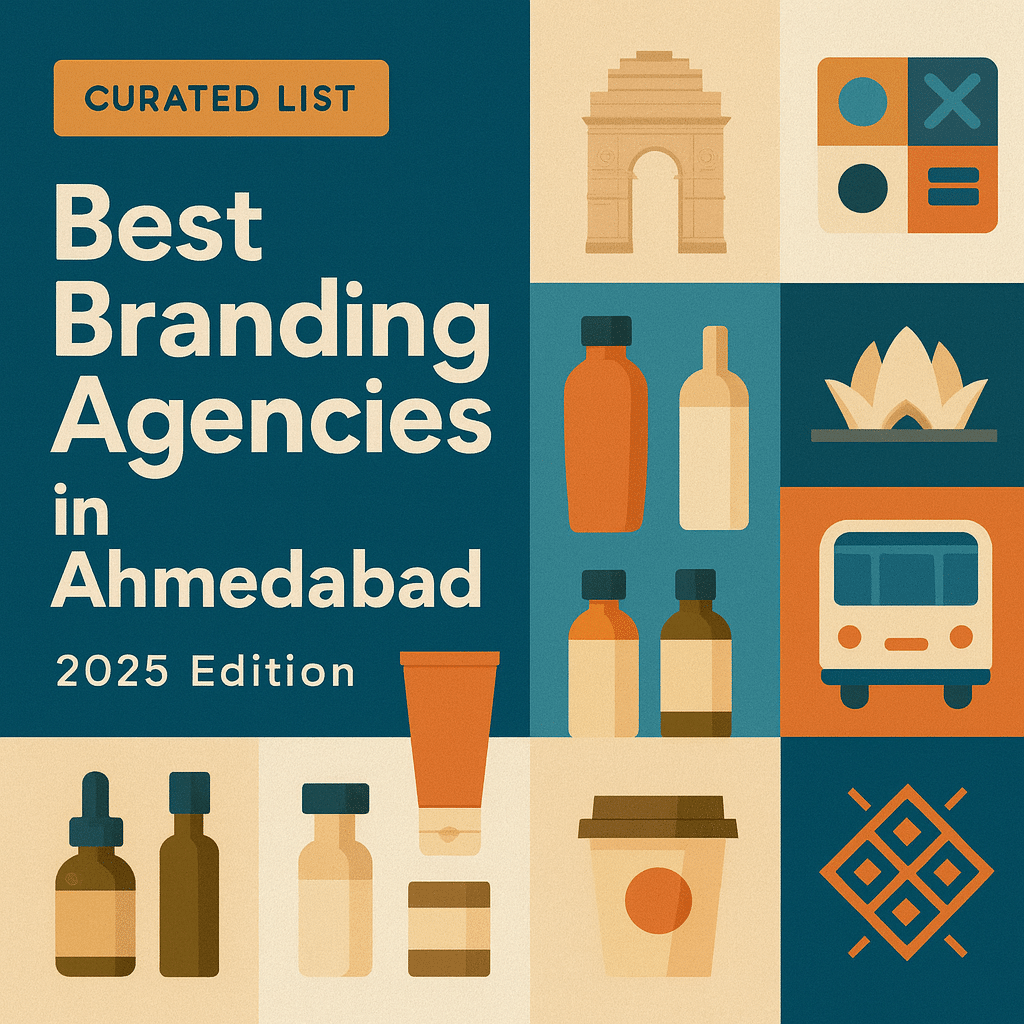 Flat-style digital illustration titled “Best Branding Agencies in Ahmedabad – 2025 Edition” featuring bold typography on the left and a grid of icons on the right, including packaging bottles, coffee cup, abstract motifs, and city-inspired visuals, in a warm teal, orange, and beige palette.