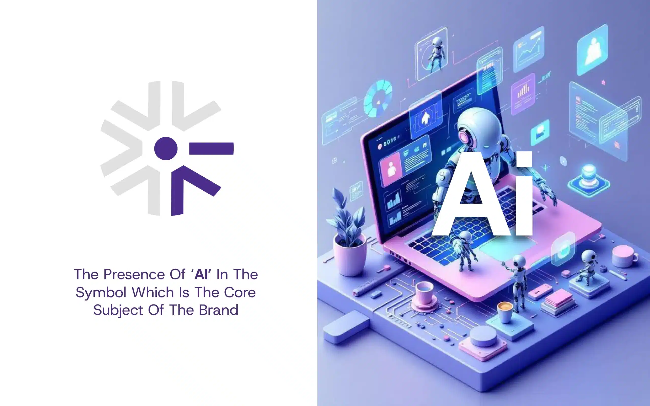 AI-first symbol with futuristic laptop scene; tech branding, logo design, brand identity system adaptable to UI, labels, and packaging extensions.