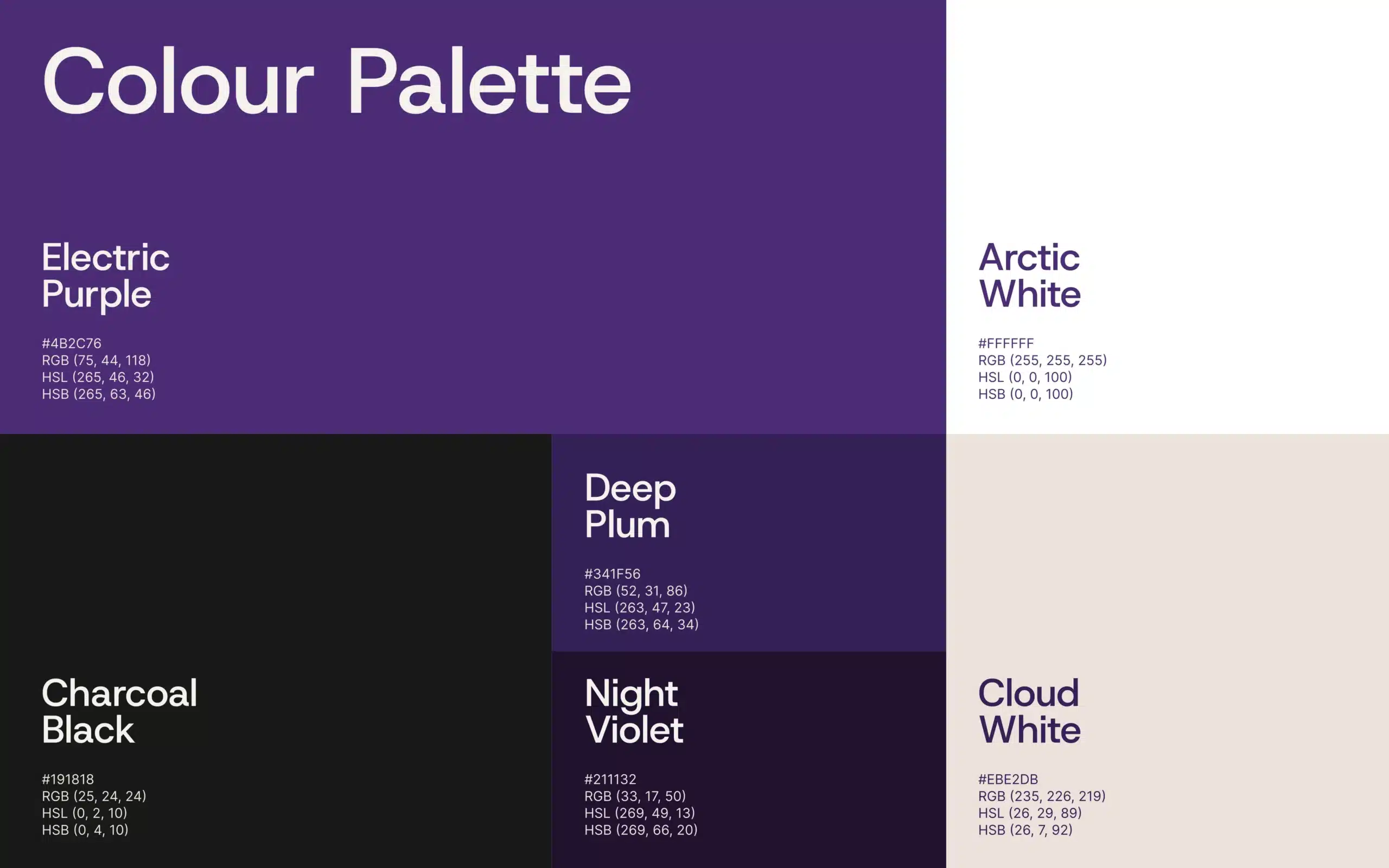 Colour palette—Electric Purple, Deep Plum, Night Violet, Charcoal; brand colours optimised for packaging design, print production, and web accessibility.