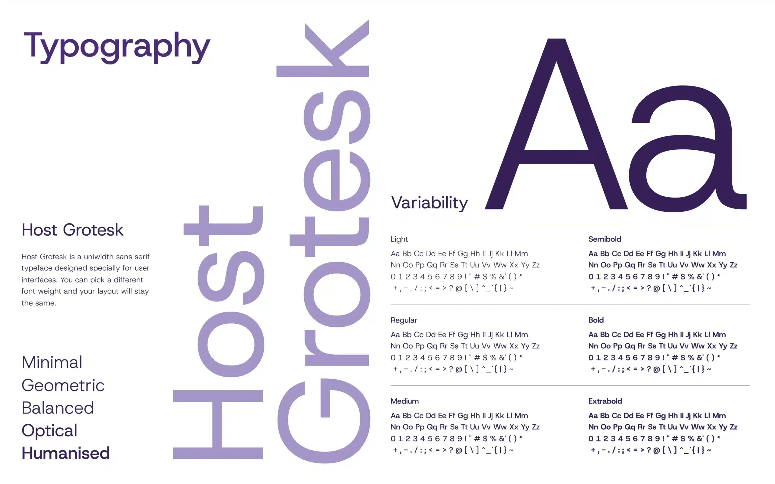 Typography—Host Grotesk variable sans (Light–ExtraBold); clean UI type for branding kits, packaging hierarchy, and comprehensive brand guidelines.