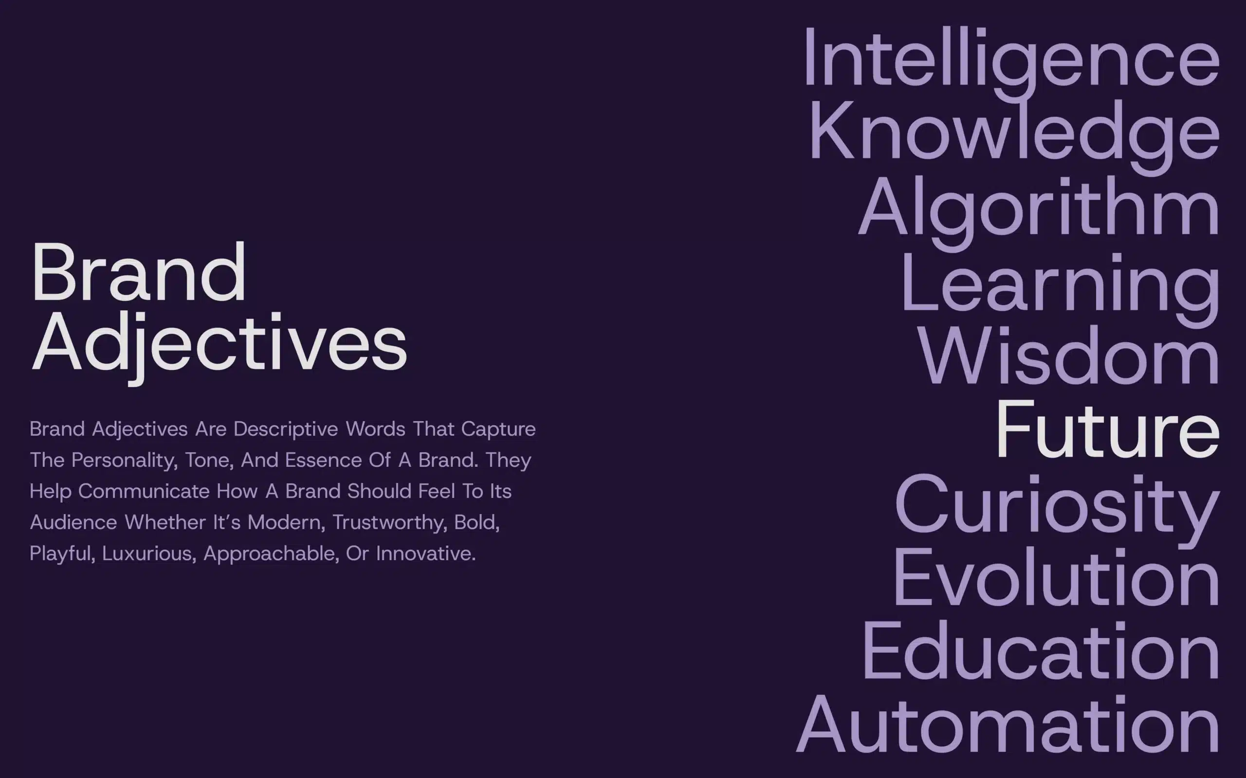 Brand adjectives word cloud—intelligence, learning, future, automation; tone-of-voice cues for branding, on-pack copy, and packaging storytelling.