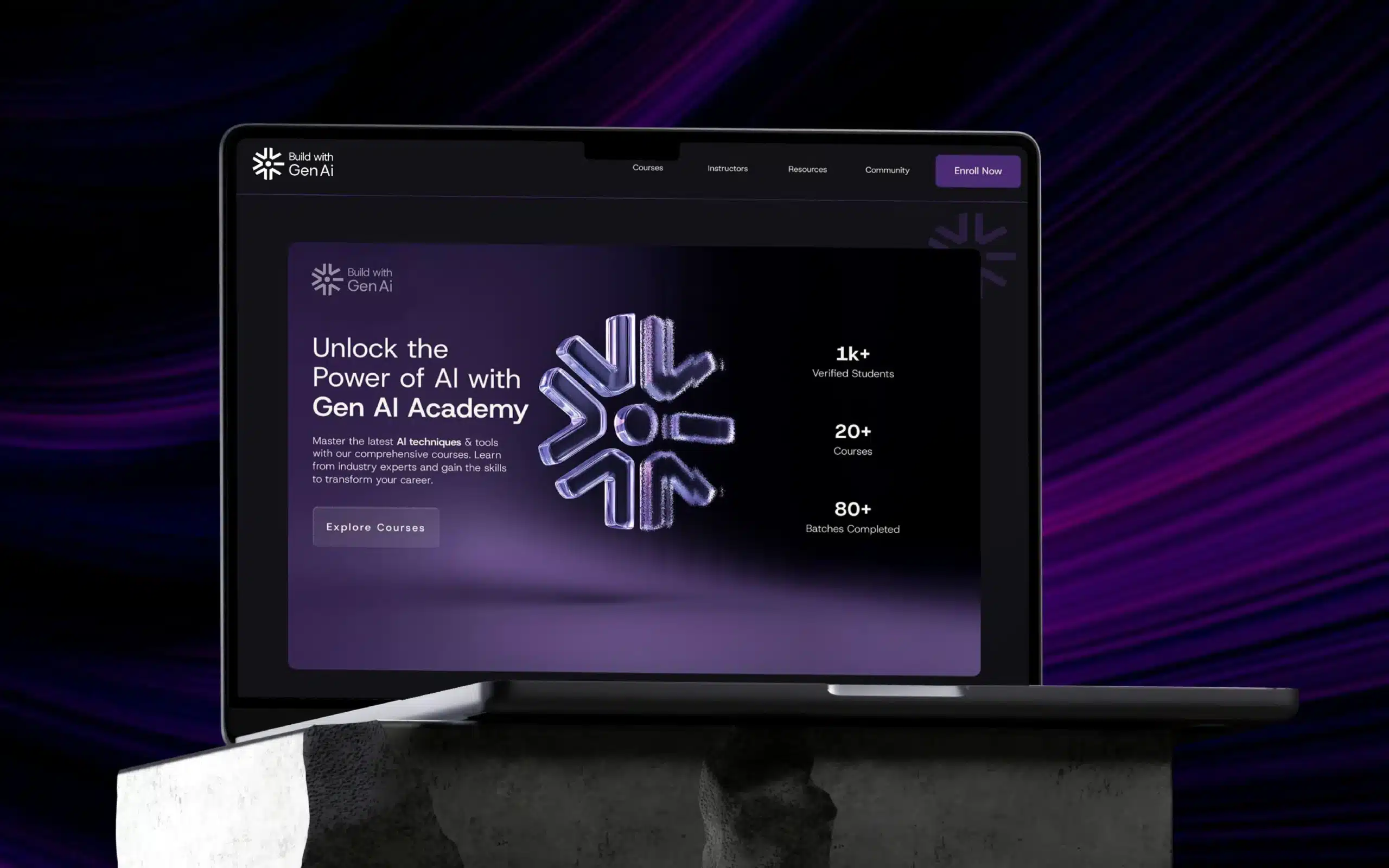 Gen AI Academy website mockup on a laptop, dark UI with glassmorphism brand icon, branding kit implementation by The Factor X, web design aligned with packaging design and brand guidelines.