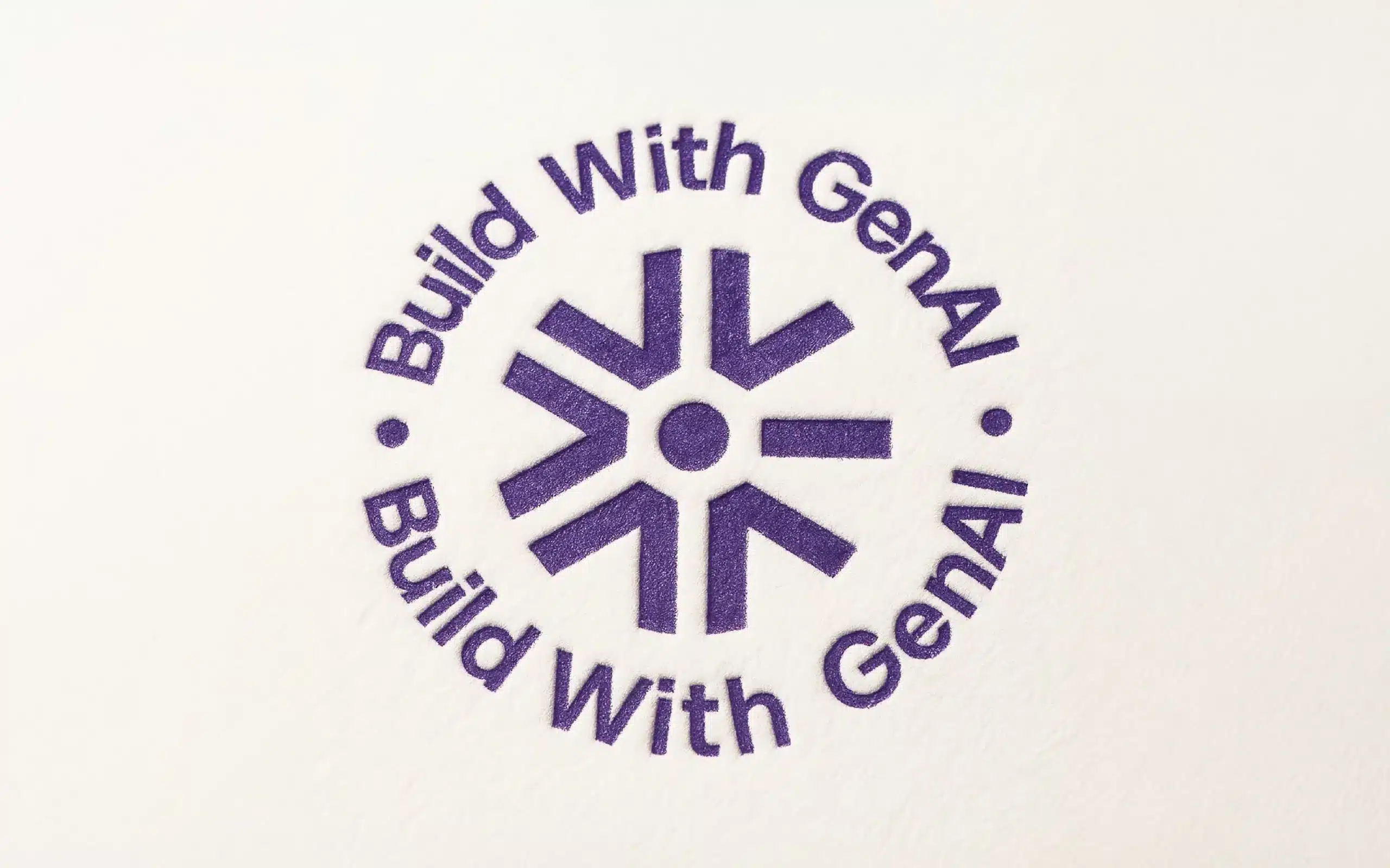 Circular Build With GenAI ink stamp on textured paper, production ready brand asset for packaging design, authenticity seals, labels, and print collateral.