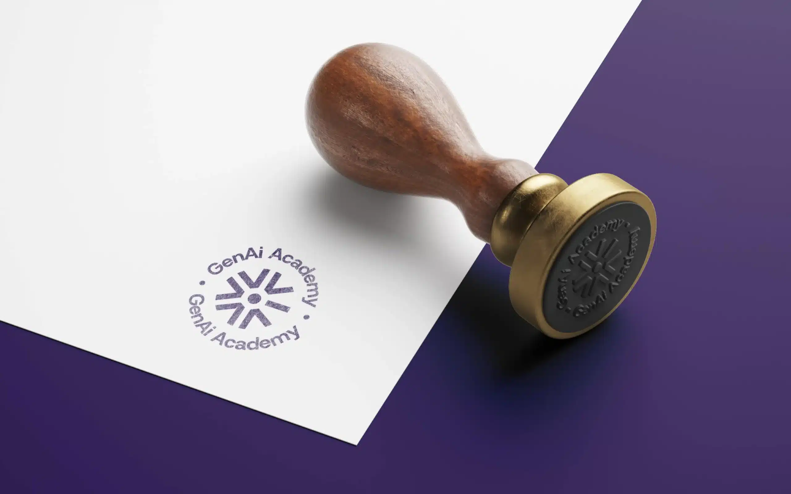 Wooden rubber stamp with GenAI Academy round mark on stationery, brand identity applied to packaging stamps, cartons, labels, and official brand collateral.