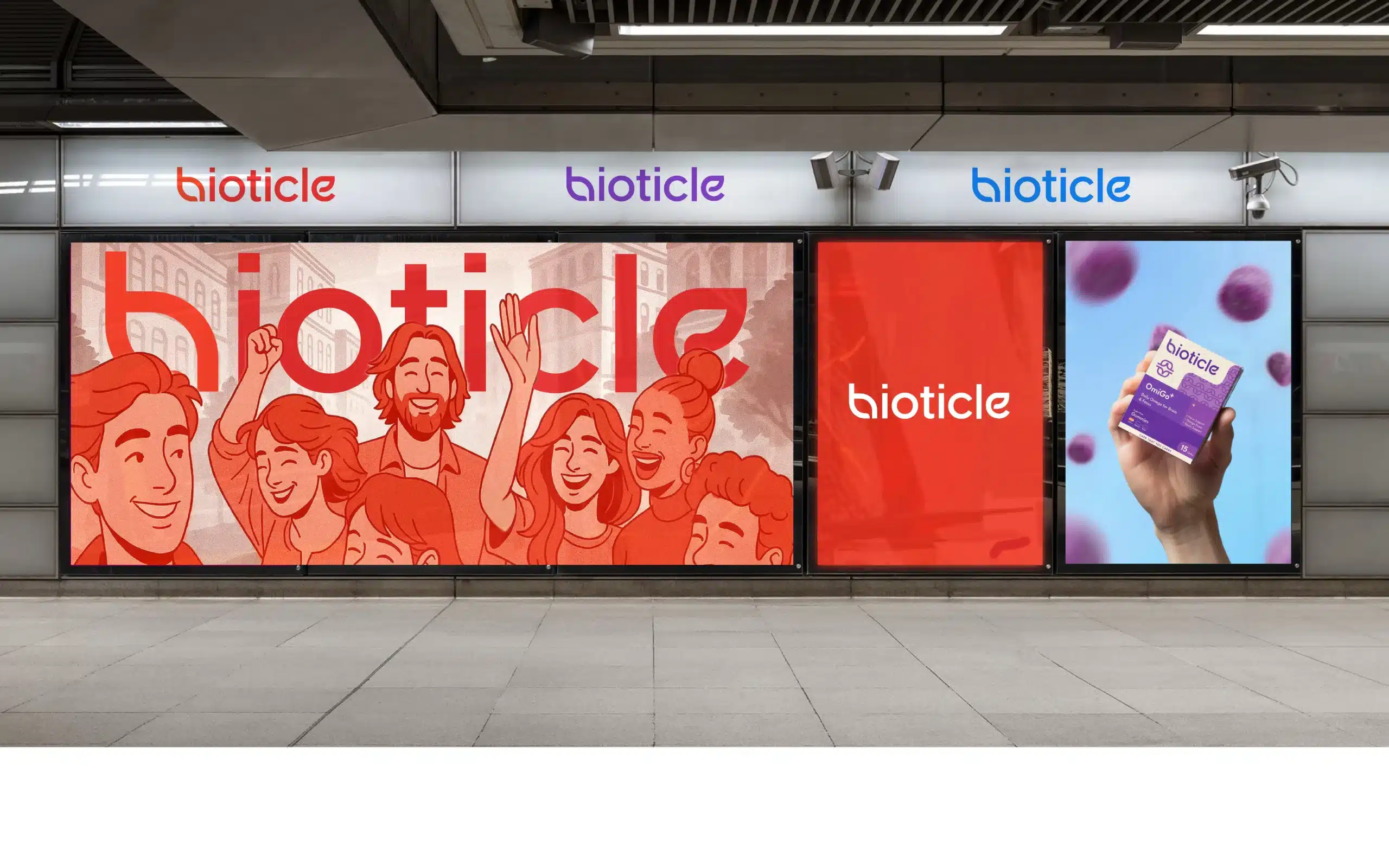 Bioticle OOH posters in metro station, red illustration panel and product pack visual, FMCG wellness branding and packaging design in retail context.