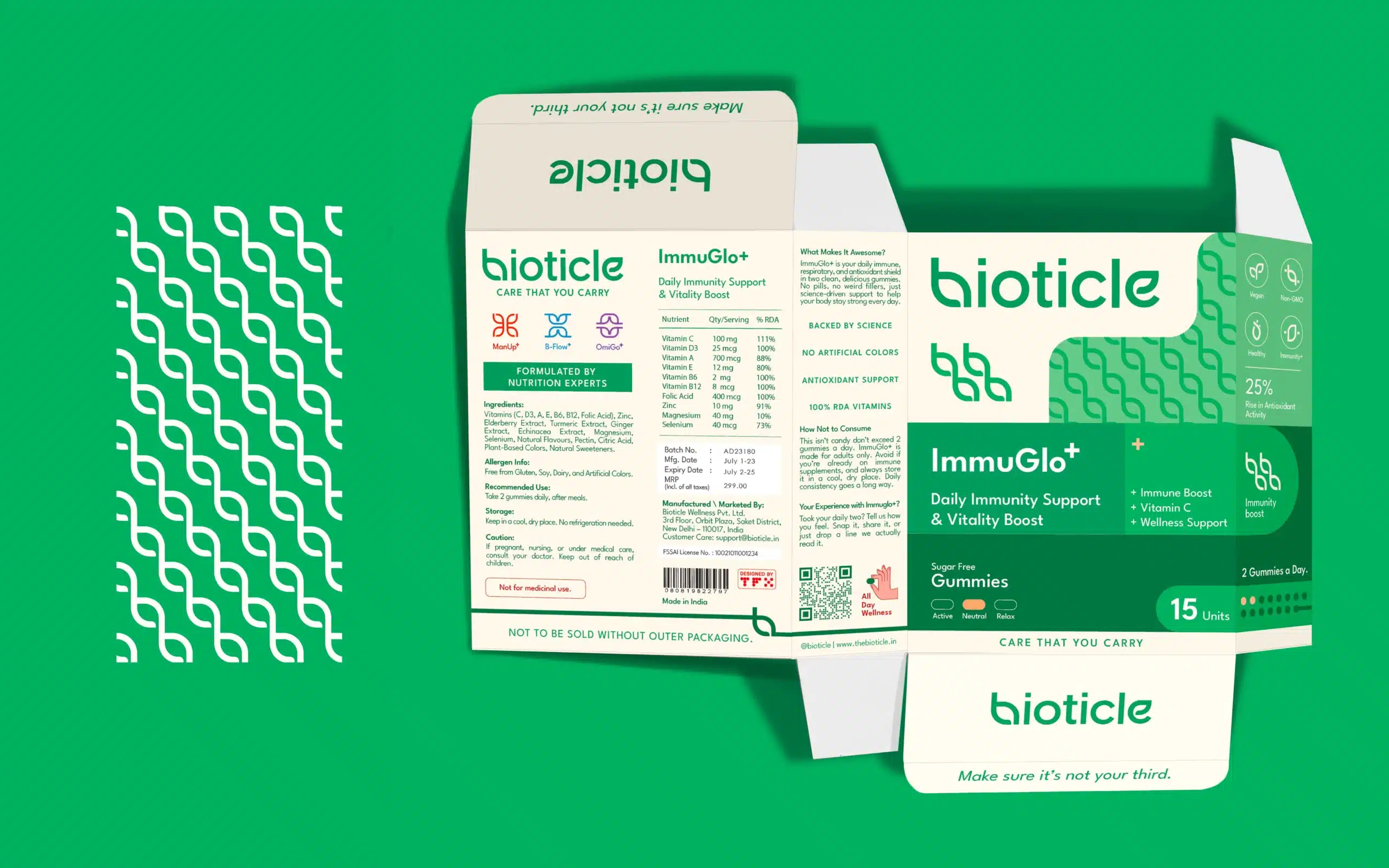 Bioticle ImmuGlo plus gummies carton dieline on green, immunity icon pattern and benefits, vitamin C immunity support packaging design.