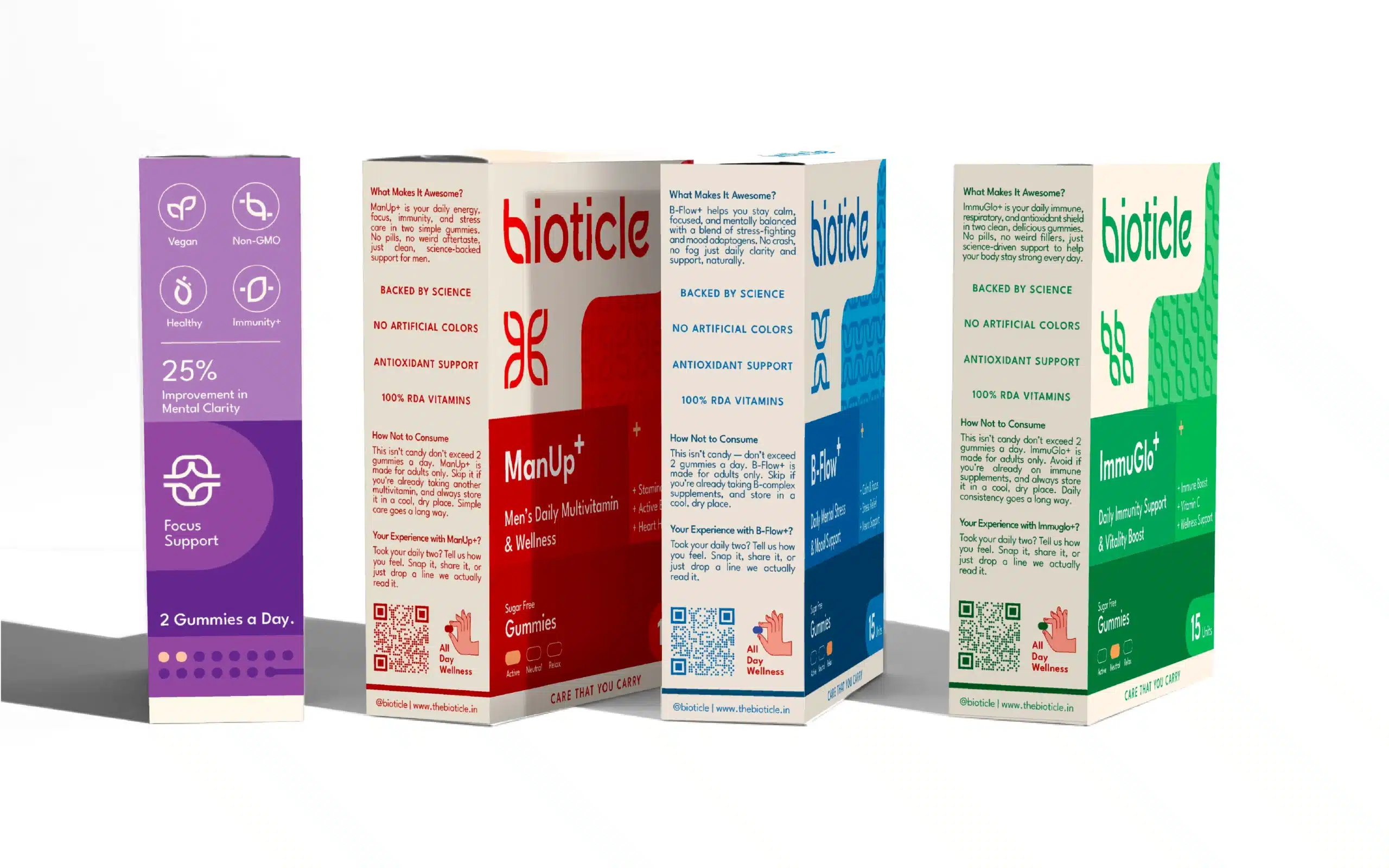 Angled lineup of Bioticle cartons, OmiGo+, ManUp+, B-Flow+, ImmuGlo+, nutrition panels and benefit callouts, supplements branding and retail packaging design.
