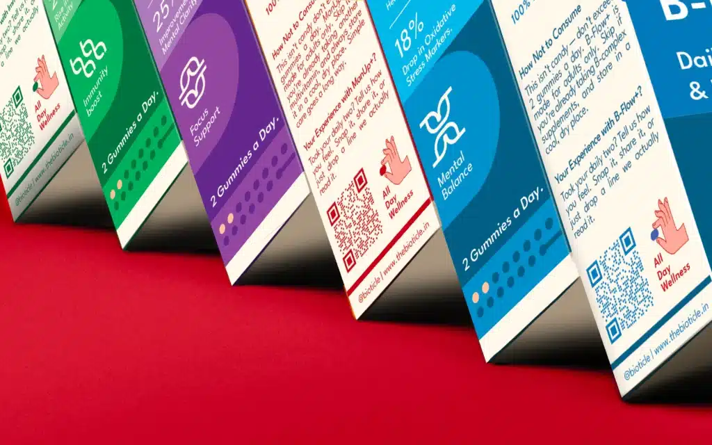 Close up of Bioticle carton bases with QR codes and dose icons, “2 Gummies a Day” benefits, production ready packaging design details.