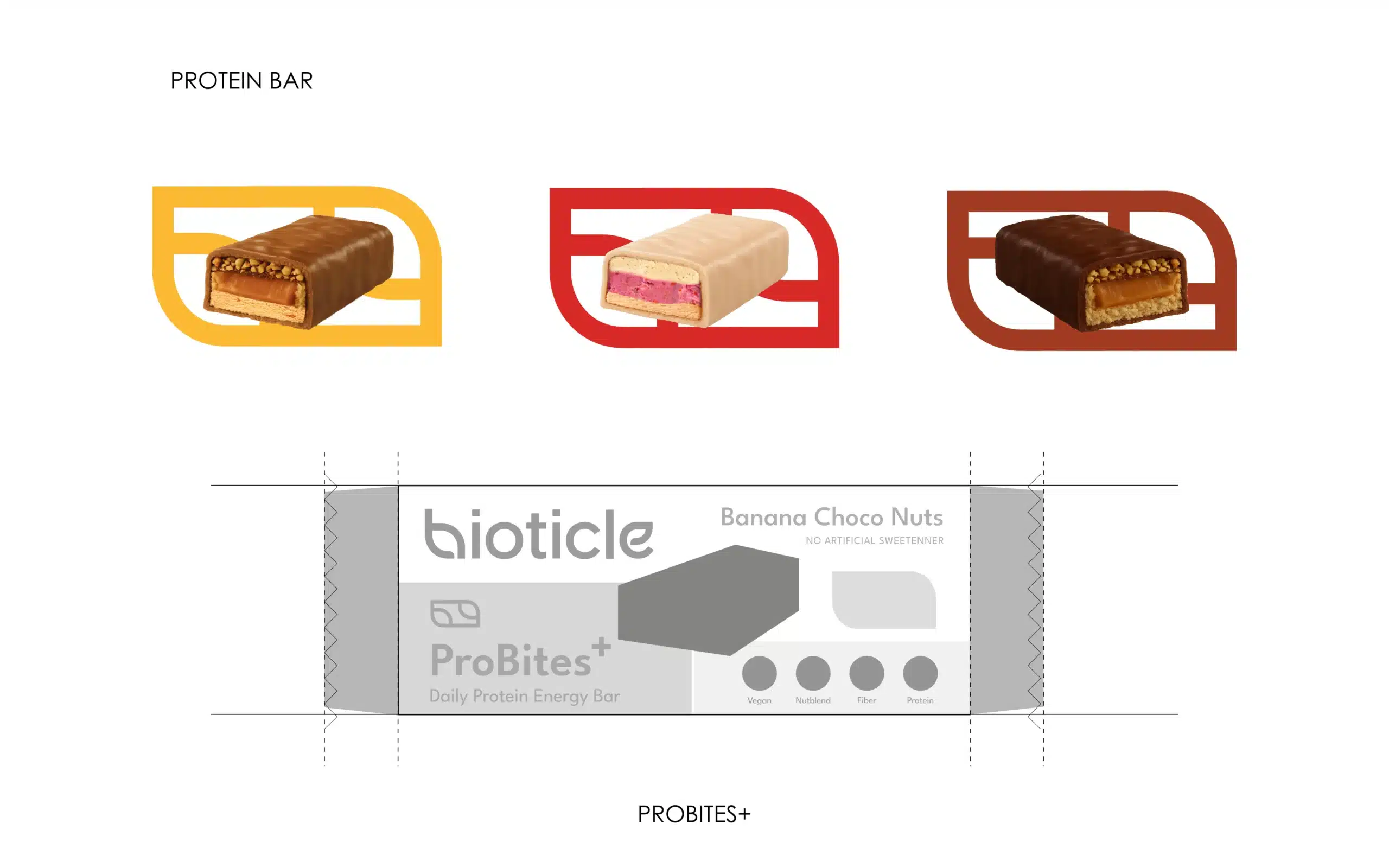 ProBites+ protein bar exploration, three flavor icons inside B monogram frames and wrapper wireframe, branding and packaging concept design.
