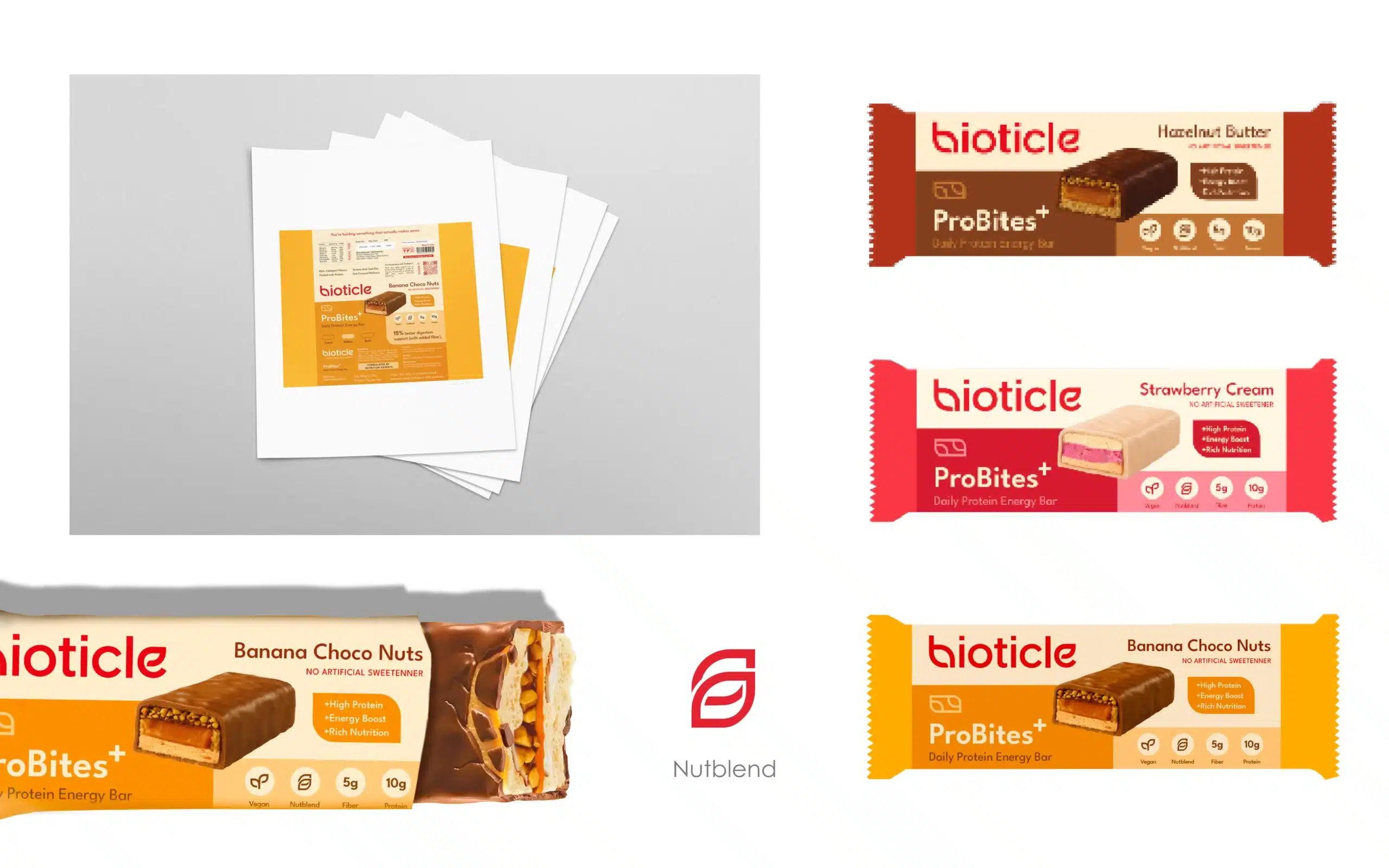 ProBites+ final wrapper designs, Hazelnut Butter, Strawberry Cream, Banana Choco Nuts, Nutblend iconography, FMCG branding and pouch packaging design.
