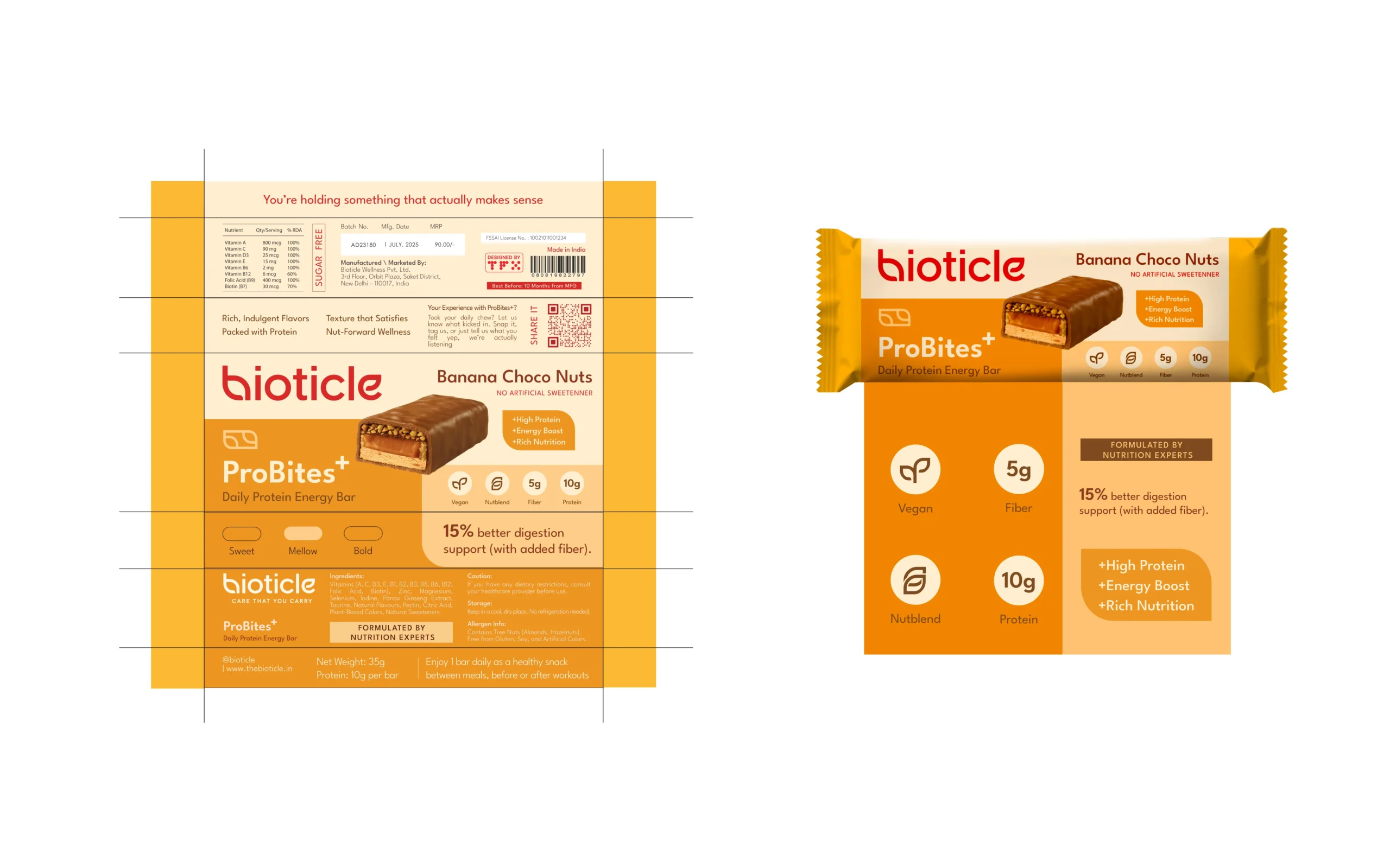 ProBites+ Banana Choco Nuts wrapper layout grid with finalized bar pack, claim hierarchy and nutrition badges, packaging design guidelines.