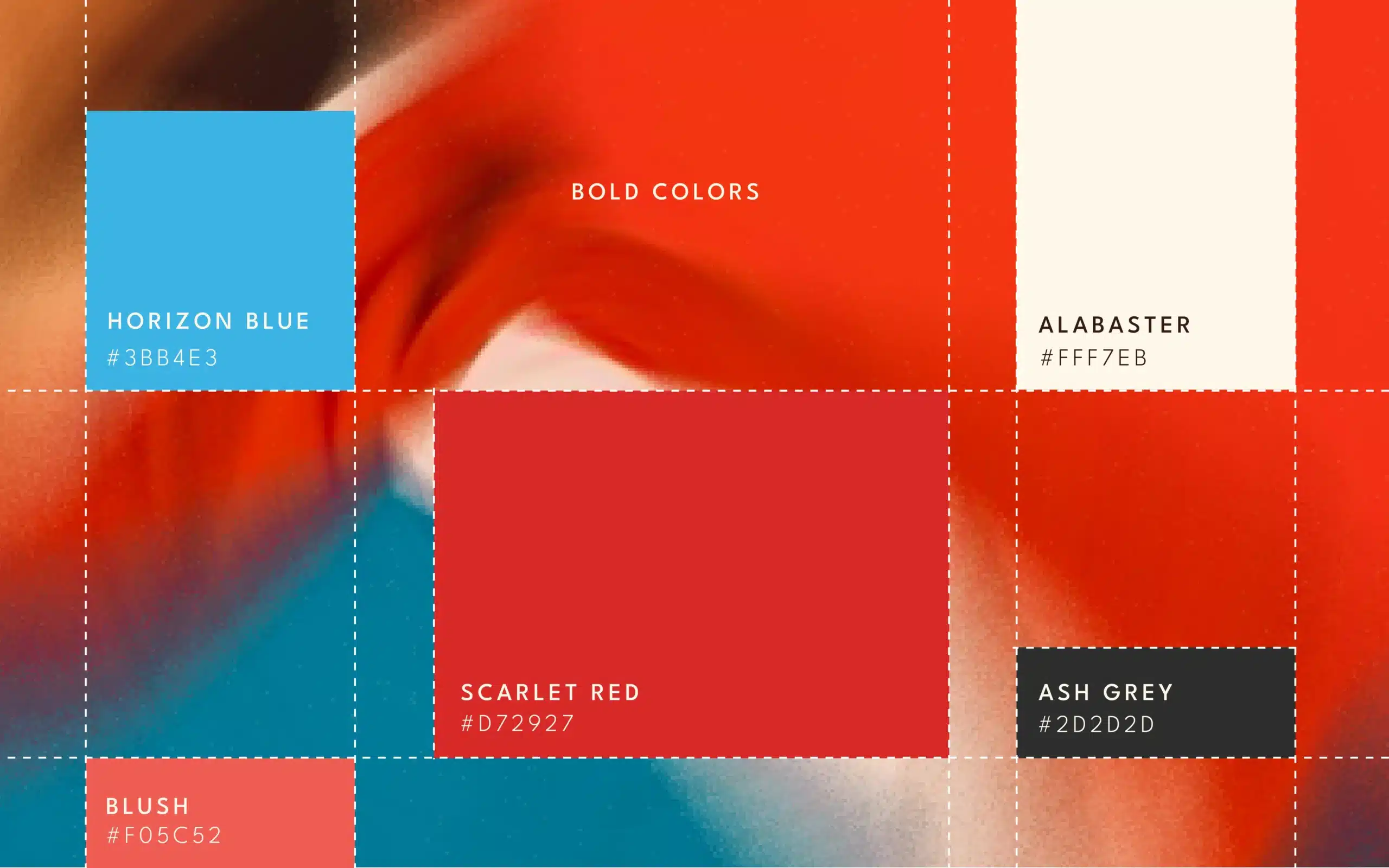 Bioticle color palette sheet showing Horizon Blue, Scarlet Red, Alabaster, Ash Grey, Blush with hex codes, brand colors optimized for packaging design.