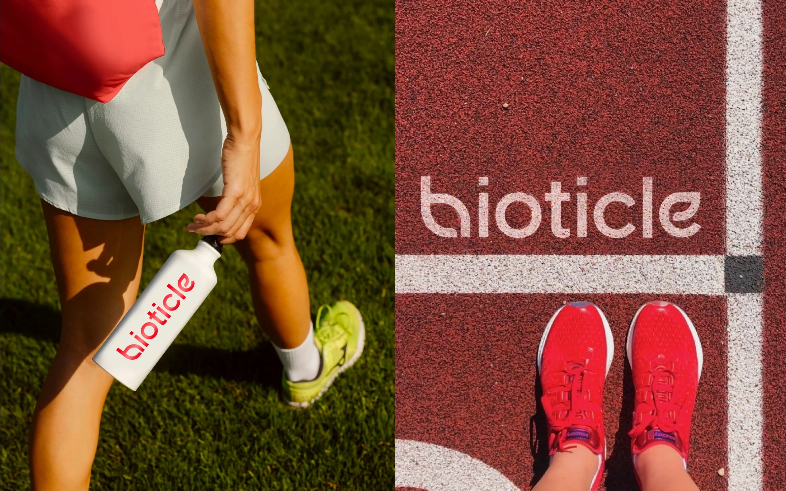 Bioticle active lifestyle branding - logo on sports bottle and wordmark on running track - brand activation visuals