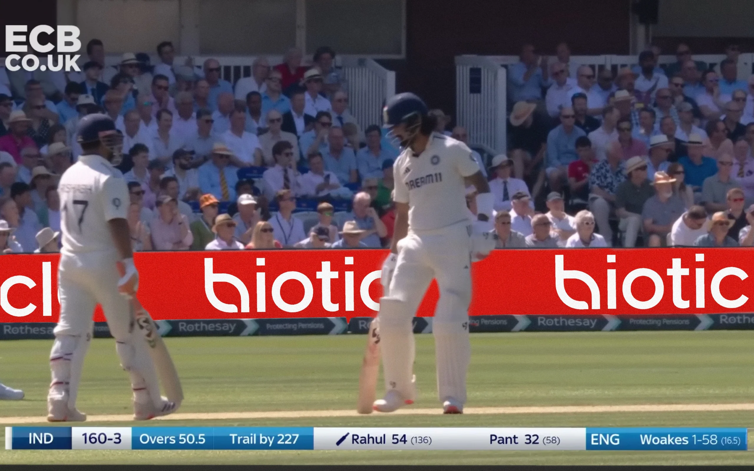 Bioticle boundary board at cricket match - sports sponsorship branding - red wordmark exposure on field