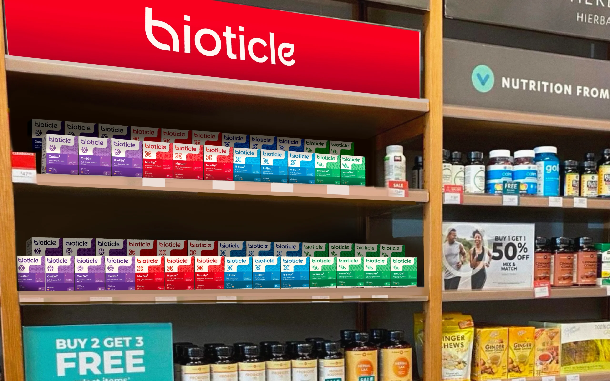 Retail shelf display - full Bioticle gummies range planogram with red header sign - FMCG merchandising and branding