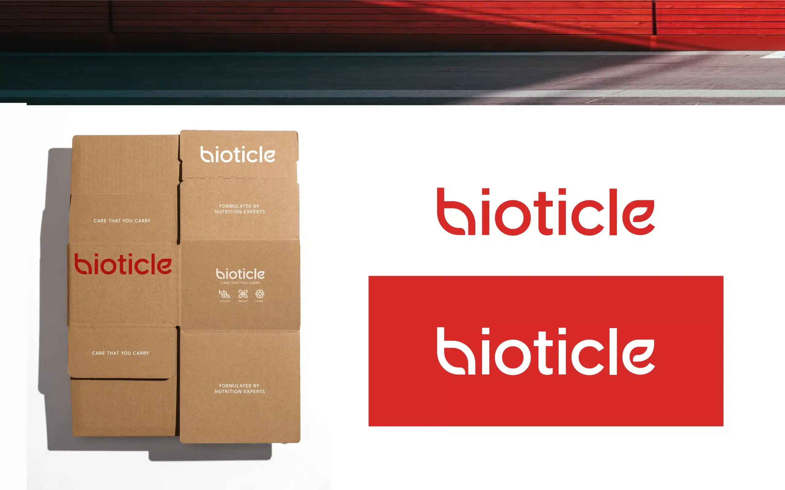 Bioticle shipping cartons with printed logotype in red and white, corrugated box branding and secondary logo lockups, packaging design system.