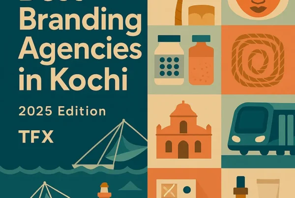 1080×1080 featured cover for “Best Branding Agencies in Kochi – 2025 Edition” by The Factor X, with bold title on deep teal and a 3×3 grid of Kochi cues and brand assets: Chinese fishing nets over backwaters, Fort Kochi lighthouse and church silhouette, Kochi Metro coach, coconut palm, coir-rope motif, Kathakali face accent, plus packaging bottles, tubes, droppers and business-card layout in sea-teal, coral, sand and terracotta—optimized for branding and packaging design search.