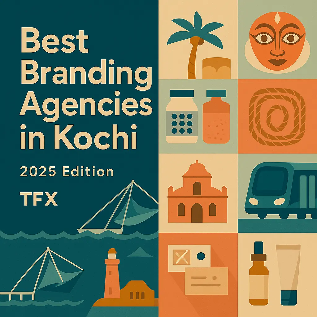 1080×1080 featured cover for “Best Branding Agencies in Kochi – 2025 Edition” by The Factor X, with bold title on deep teal and a 3×3 grid of Kochi cues and brand assets: Chinese fishing nets over backwaters, Fort Kochi lighthouse and church silhouette, Kochi Metro coach, coconut palm, coir-rope motif, Kathakali face accent, plus packaging bottles, tubes, droppers and business-card layout in sea-teal, coral, sand and terracotta—optimized for branding and packaging design search.