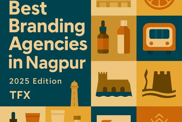 1080×1080 featured cover for “Best Branding Agencies in Nagpur – 2025 Edition” by The Factor X, with bold title on deep teal and a 3×3 grid blending Nagpur icons and brand assets: Deekshabhoomi dome, Zero Mile pillar, Sitabuldi Fort over Futala Lake waves, Nagpur Metro coach, orange slice motif (“Orange City”), plus packaging bottles, tubes, droppers, business card and logo grid—palette of sandstone, terracotta, mustard and teal; optimized for branding and packaging design search.